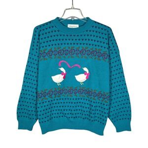 Vintage 80s Goose Sweater Womens XL Village Green Cottage Turquoise Birdseye USA